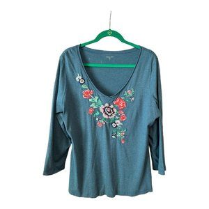 Garnet Hill Teal Floral Embroidered Long Sleeve Top Super Soft Size XL
